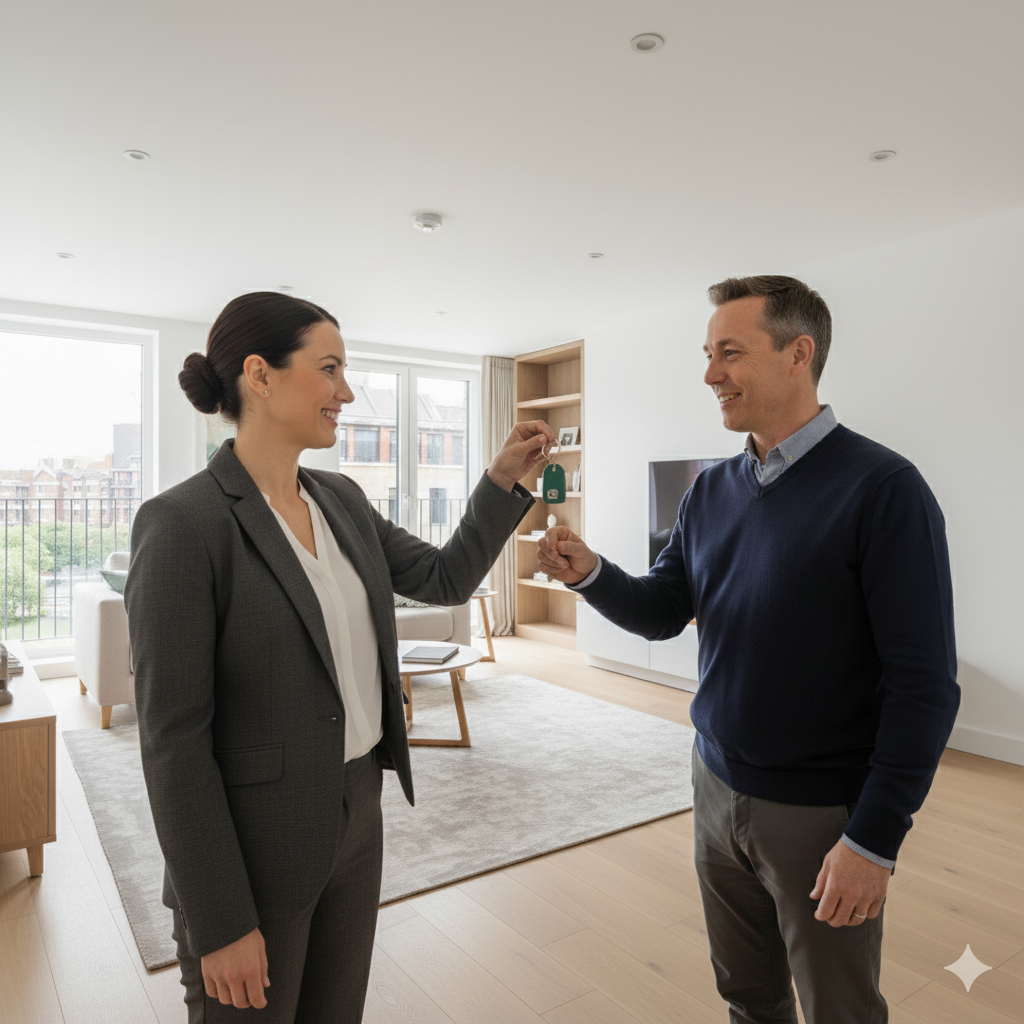 Professional property manager handing keys to landlord in modern apartment